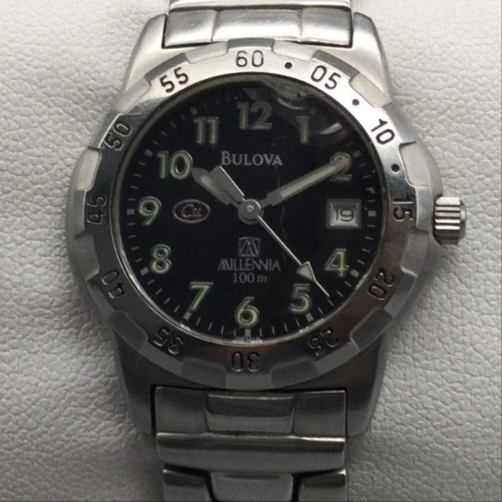 Bulova Millennia 100m Womens Watch 26mm CRACKED CRYSTAL Black New Battery 6